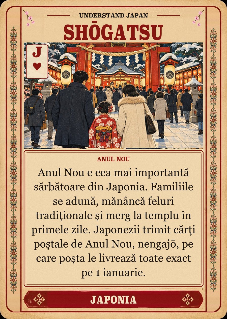 SHŌGATSU — Anul Nou. Anul Nou e cea mai importantă sărbătoare din Japonia. Familiile se adună, mănâncă feluri tradiționale și merg la templu în primele zile. Japonezii trimit cărți poștale de Anul Nou, nengajō, pe care poșta le livrează toate exact pe 1 ianuarie.