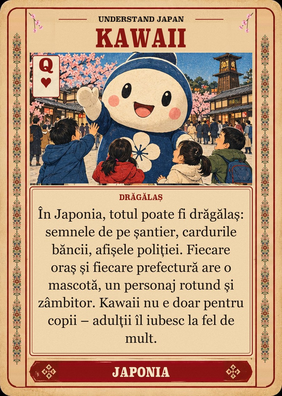 KAWAII — drăgălaș. În Japonia, totul poate fi drăgălaș: semnele de pe șantier, cardurile băncii, afișele poliției. Fiecare oraș și fiecare prefectură are o mascotă, un personaj rotund și zâmbitor. Kawaii nu e doar pentru copii – adulții îl iubesc la fel de mult.
