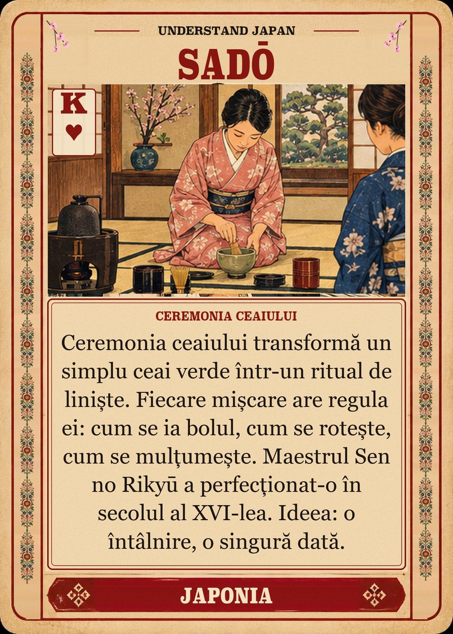 SADŌ — ceremonia ceaiului. Ceremonia ceaiului transformă un simplu ceai verde într-un ritual de liniște. Fiecare mișcare are regula ei: cum se ia bolul, cum se rotește, cum se mulțumește. Maestrul Sen no Rikyū a perfecționat-o în secolul al XVI-lea. Ideea: o întâlnire, o singură dată.