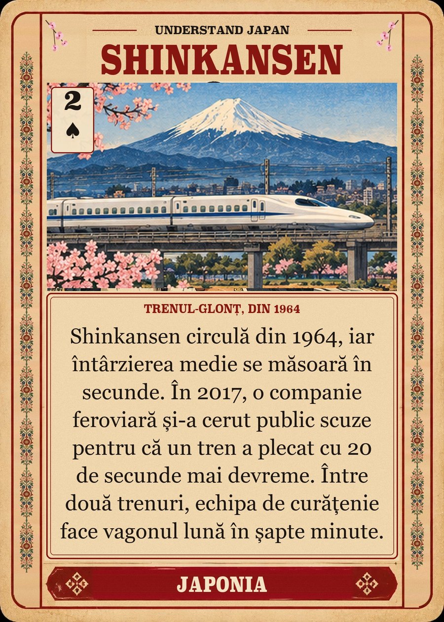 SHINKANSEN — trenul-glonț, din 1964. Shinkansen circulă din 1964, iar întârzierea medie se măsoară în secunde. În 2017, o companie feroviară și-a cerut public scuze pentru că un tren a plecat cu 20 de secunde mai devreme. Între două trenuri, echipa de curățenie face vagonul lună în șapte minute.