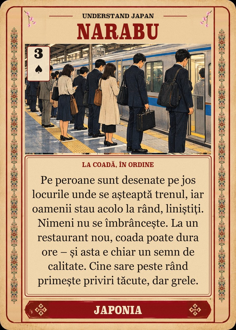NARABU — la coadă, în ordine. Pe peroane sunt desenate pe jos locurile unde se așteaptă trenul, iar oamenii stau acolo la rând, liniștiți. Nimeni nu se îmbrâncește. La un restaurant nou, coada poate dura ore – și asta e chiar un semn de calitate. Cine sare peste rând primește priviri tăcute, dar grele.