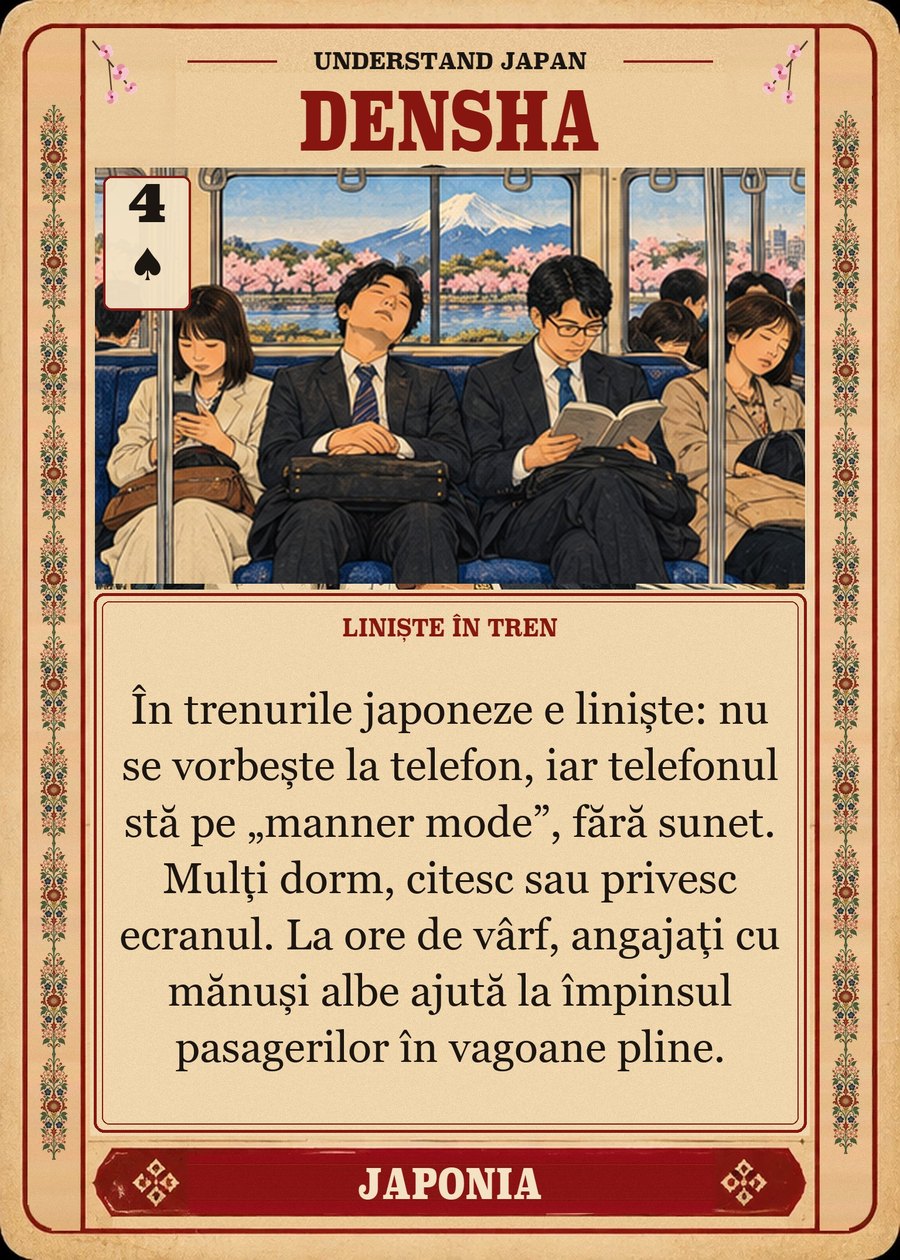 DENSHA — liniște în tren. În trenurile japoneze e liniște: nu se vorbește la telefon, iar telefonul stă pe „manner mode”, fără sunet. Mulți dorm, citesc sau privesc ecranul. La ore de vârf, angajați cu mănuși albe ajută la împinsul pasagerilor în vagoane pline.