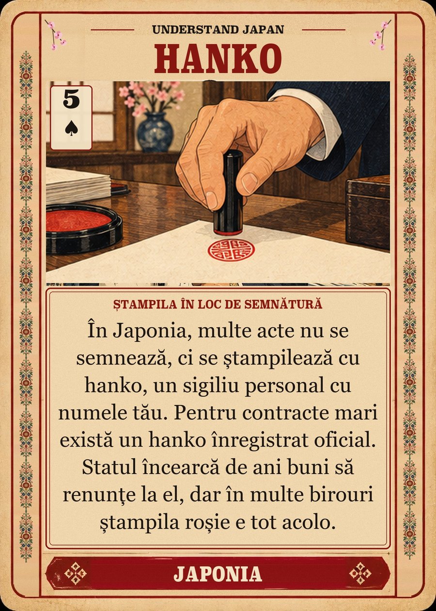 HANKO — ștampila în loc de semnătură. În Japonia, multe acte nu se semnează, ci se ștampilează cu hanko, un sigiliu personal cu numele tău. Pentru contracte mari există un hanko înregistrat oficial. Statul încearcă de ani buni să renunțe la el, dar în multe birouri ștampila roșie e tot acolo.