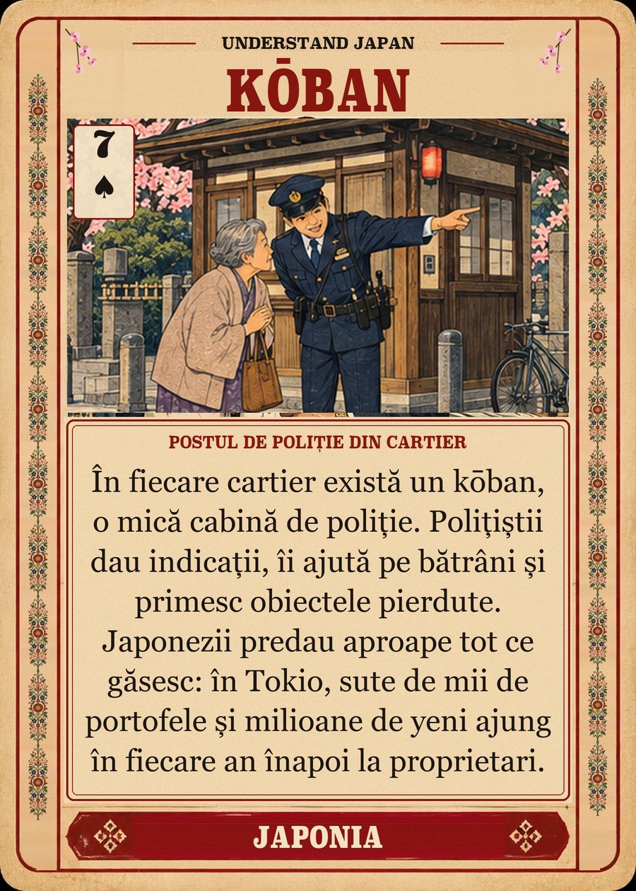 KŌBAN — postul de poliție din cartier. În fiecare cartier există un kōban, o mică cabină de poliție. Polițiștii dau indicații, îi ajută pe bătrâni și primesc obiectele pierdute. Japonezii predau aproape tot ce găsesc: în Tokio, sute de mii de portofele și milioane de yeni ajung în fiecare an înapoi la proprietari.