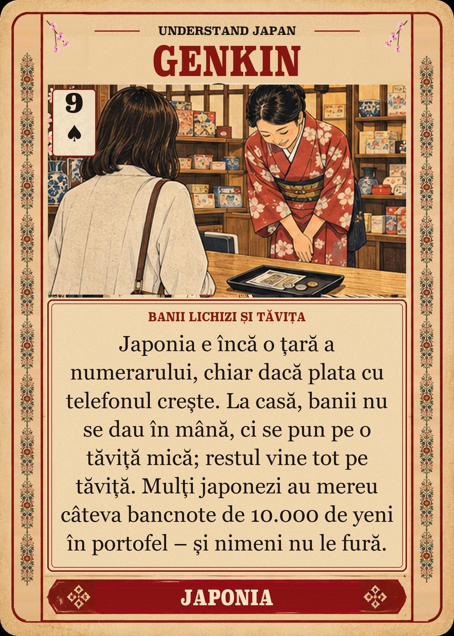 GENKIN — banii lichizi și tăvița. Japonia e încă o țară a numerarului, chiar dacă plata cu telefonul crește. La casă, banii nu se dau în mână, ci se pun pe o tăviță mică; restul vine tot pe tăviță. Mulți japonezi au mereu câteva bancnote de 10.000 de yeni în portofel – și nimeni nu le fură.