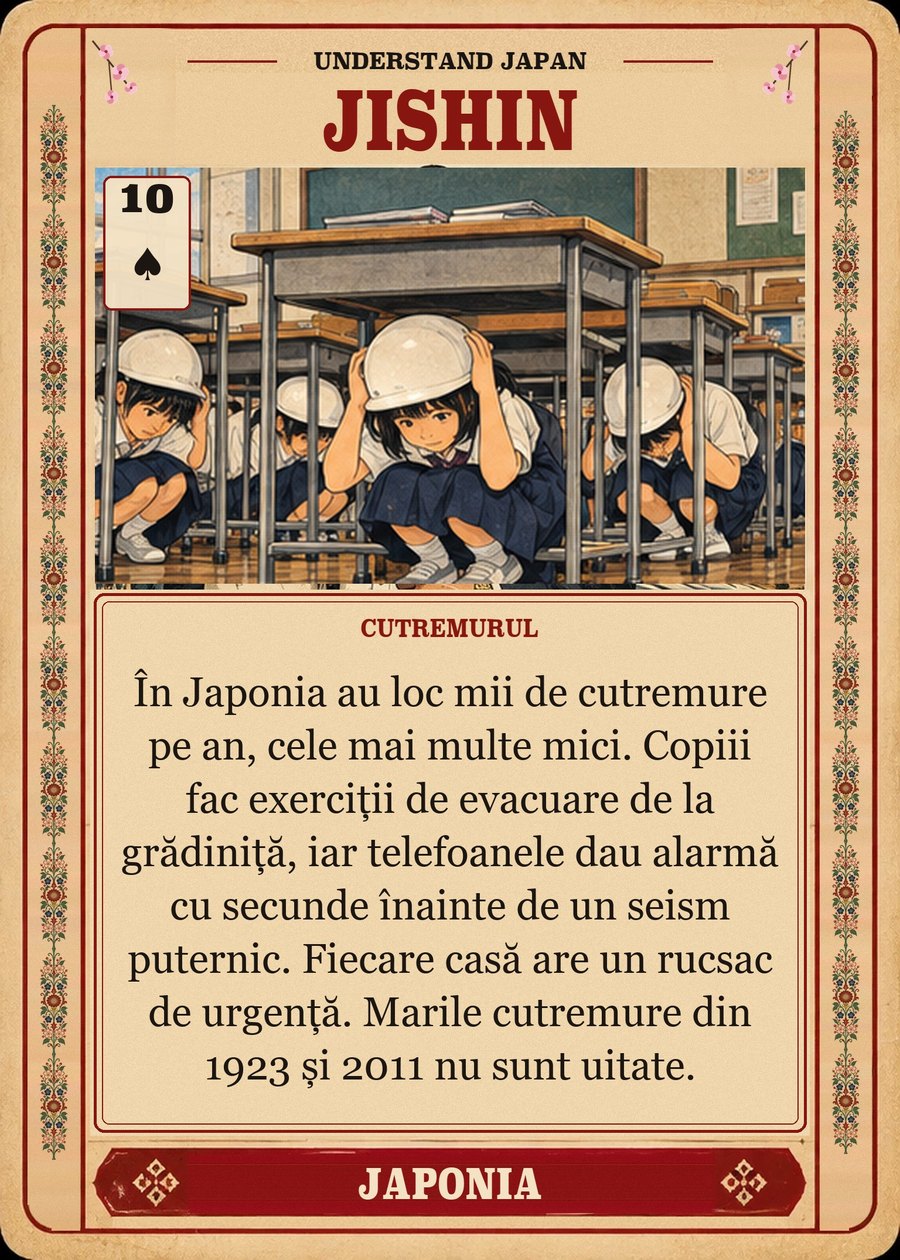 JISHIN — cutremurul. În Japonia au loc mii de cutremure pe an, cele mai multe mici. Copiii fac exerciții de evacuare de la grădiniță, iar telefoanele dau alarmă cu secunde înainte de un seism puternic. Fiecare casă are un rucsac de urgență. Marile cutremure din 1923 și 2011 nu sunt uitate.