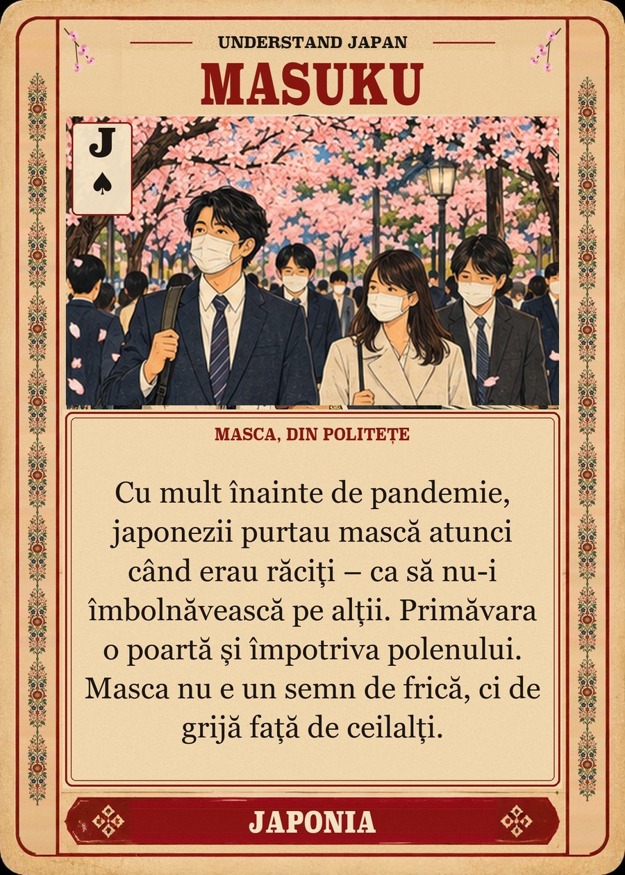 MASUKU — masca, din politețe. Cu mult înainte de pandemie, japonezii purtau mască atunci când erau răciți – ca să nu-i îmbolnăvească pe alții. Primăvara o poartă și împotriva polenului. Masca nu e un semn de frică, ci de grijă față de ceilalți.