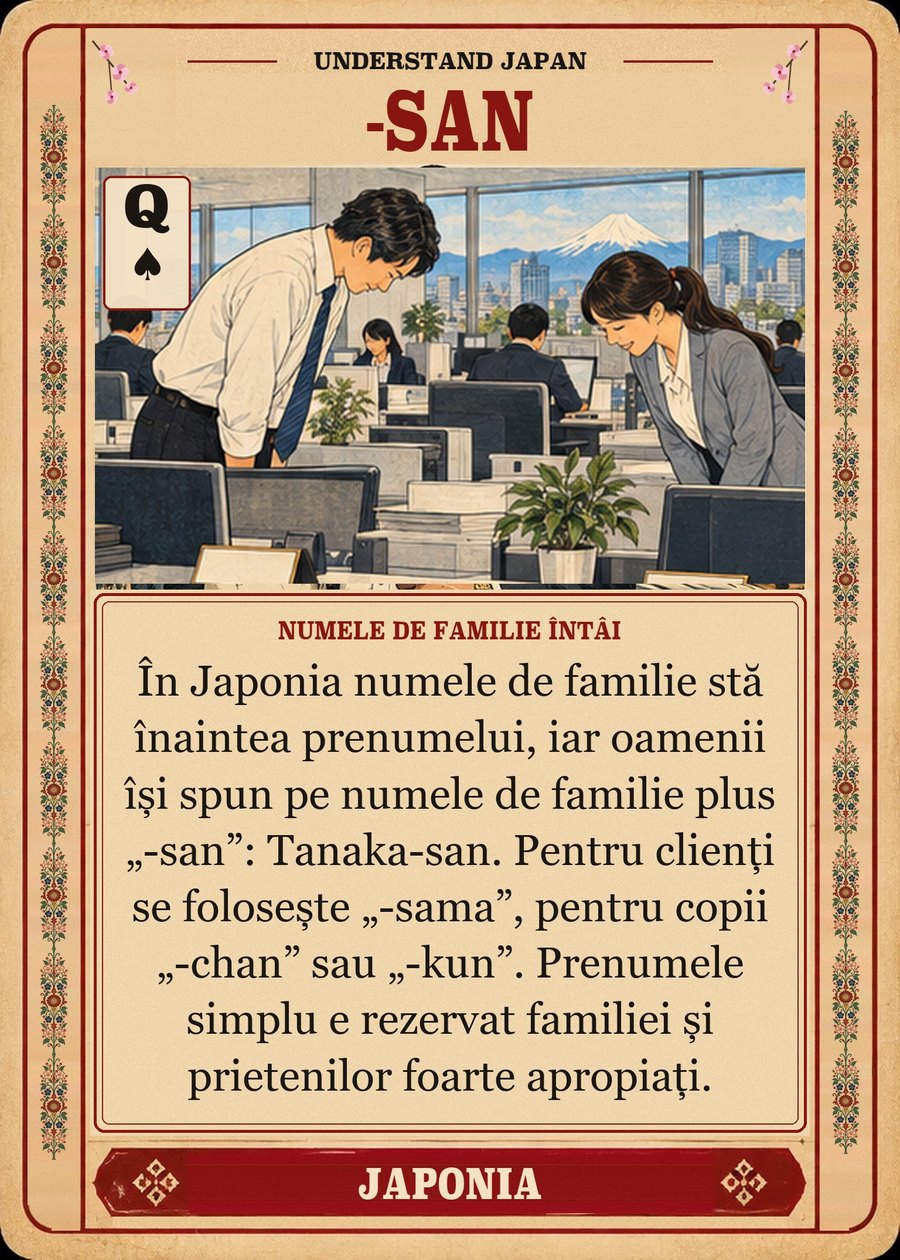 -SAN — numele de familie întâi. În Japonia numele de familie stă înaintea prenumelui, iar oamenii își spun pe numele de familie plus „-san”: Tanaka-san. Pentru clienți se folosește „-sama”, pentru copii „-chan” sau „-kun”. Prenumele simplu e rezervat familiei și prietenilor foarte apropiați.