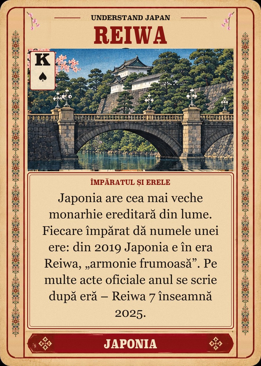 REIWA — împăratul și erele. Japonia are cea mai veche monarhie ereditară din lume. Fiecare împărat dă numele unei ere: din 2019 Japonia e în era Reiwa, „armonie frumoasă”. Pe multe acte oficiale anul se scrie după eră – Reiwa 7 înseamnă 2025.