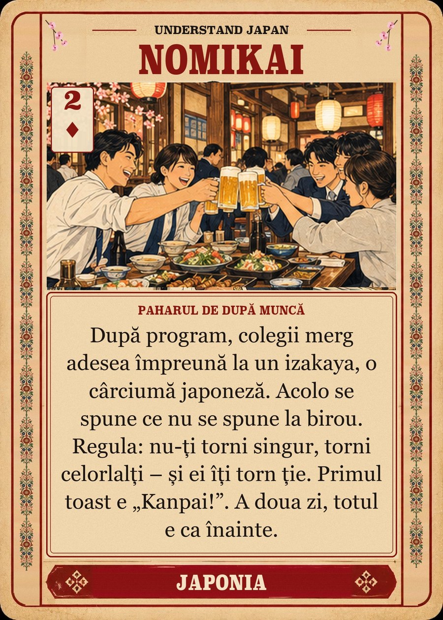 NOMIKAI — paharul de după muncă. După program, colegii merg adesea împreună la un izakaya, o cârciumă japoneză. Acolo se spune ce nu se spune la birou. Regula: nu-ți torni singur, torni celorlalți – și ei îți torn ție. Primul toast e „Kanpai!”. A doua zi, totul e ca înainte.