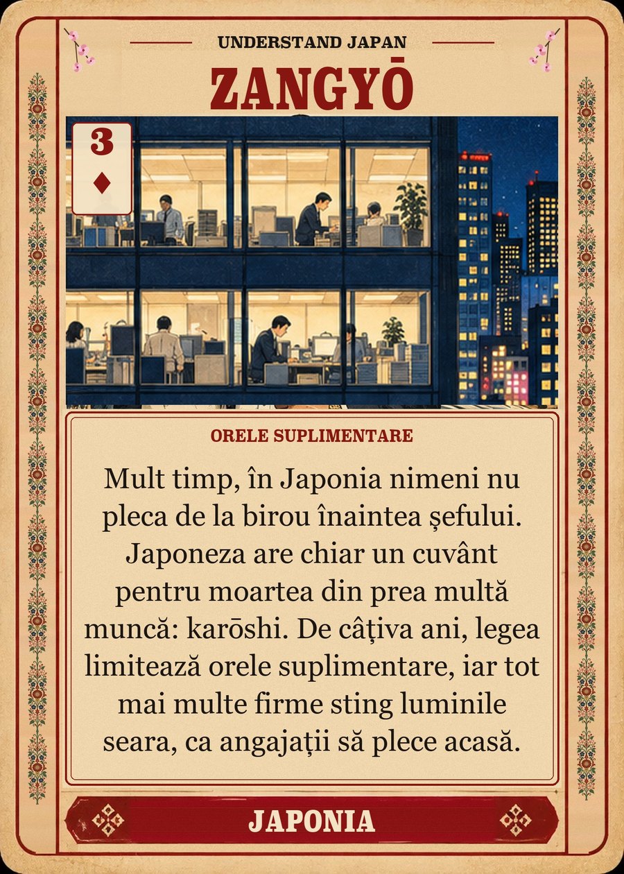 ZANGYŌ — orele suplimentare. Mult timp, în Japonia nimeni nu pleca de la birou înaintea șefului. Japoneza are chiar un cuvânt pentru moartea din prea multă muncă: karōshi. De câțiva ani, legea limitează orele suplimentare, iar tot mai multe firme sting luminile seara, ca angajații să plece acasă.