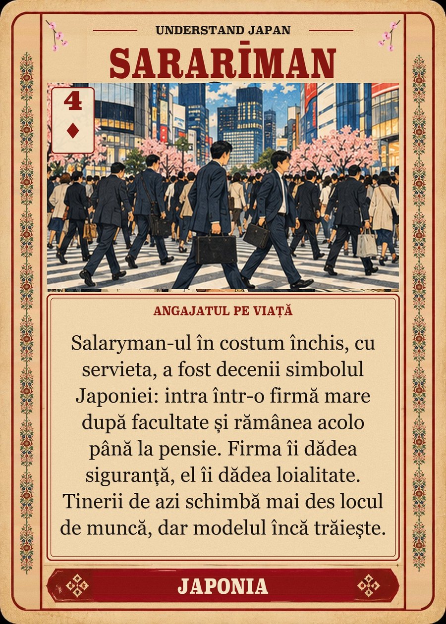 SARARĪMAN — angajatul pe viață. Salaryman-ul în costum închis, cu servieta, a fost decenii simbolul Japoniei: intra într-o firmă mare după facultate și rămânea acolo până la pensie. Firma îi dădea siguranță, el îi dădea loialitate. Tinerii de azi schimbă mai des locul de muncă, dar modelul încă trăiește.