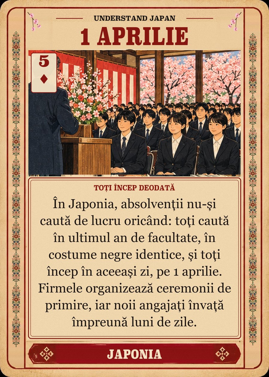 1 APRILIE — toți încep deodată. În Japonia, absolvenții nu-și caută de lucru oricând: toți caută în ultimul an de facultate, în costume negre identice, și toți încep în aceeași zi, pe 1 aprilie. Firmele organizează ceremonii de primire, iar noii angajați învață împreună luni de zile.