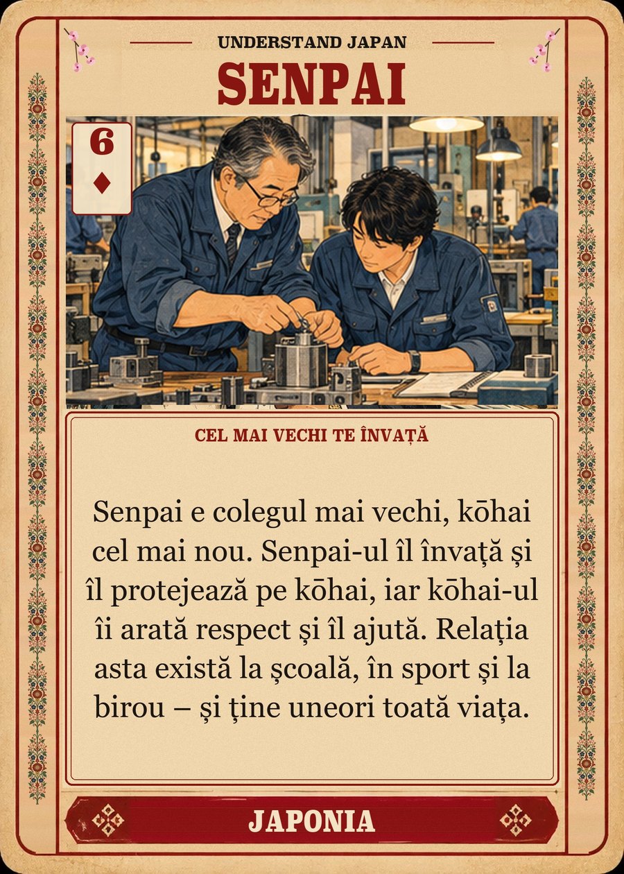 SENPAI — cel mai vechi te învață. Senpai e colegul mai vechi, kōhai cel mai nou. Senpai-ul îl învață și îl protejează pe kōhai, iar kōhai-ul îi arată respect și îl ajută. Relația asta există la școală, în sport și la birou – și ține uneori toată viața.