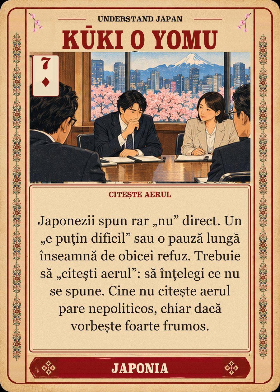 KŪKI O YOMU — citește aerul. Japonezii spun rar „nu” direct. Un „e puțin dificil” sau o pauză lungă înseamnă de obicei refuz. Trebuie să „citești aerul”: să înțelegi ce nu se spune. Cine nu citește aerul pare nepoliticos, chiar dacă vorbește foarte frumos.