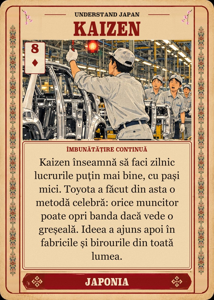 KAIZEN — îmbunătățire continuă. Kaizen înseamnă să faci zilnic lucrurile puțin mai bine, cu pași mici. Toyota a făcut din asta o metodă celebră: orice muncitor poate opri banda dacă vede o greșeală. Ideea a ajuns apoi în fabricile și birourile din toată lumea.