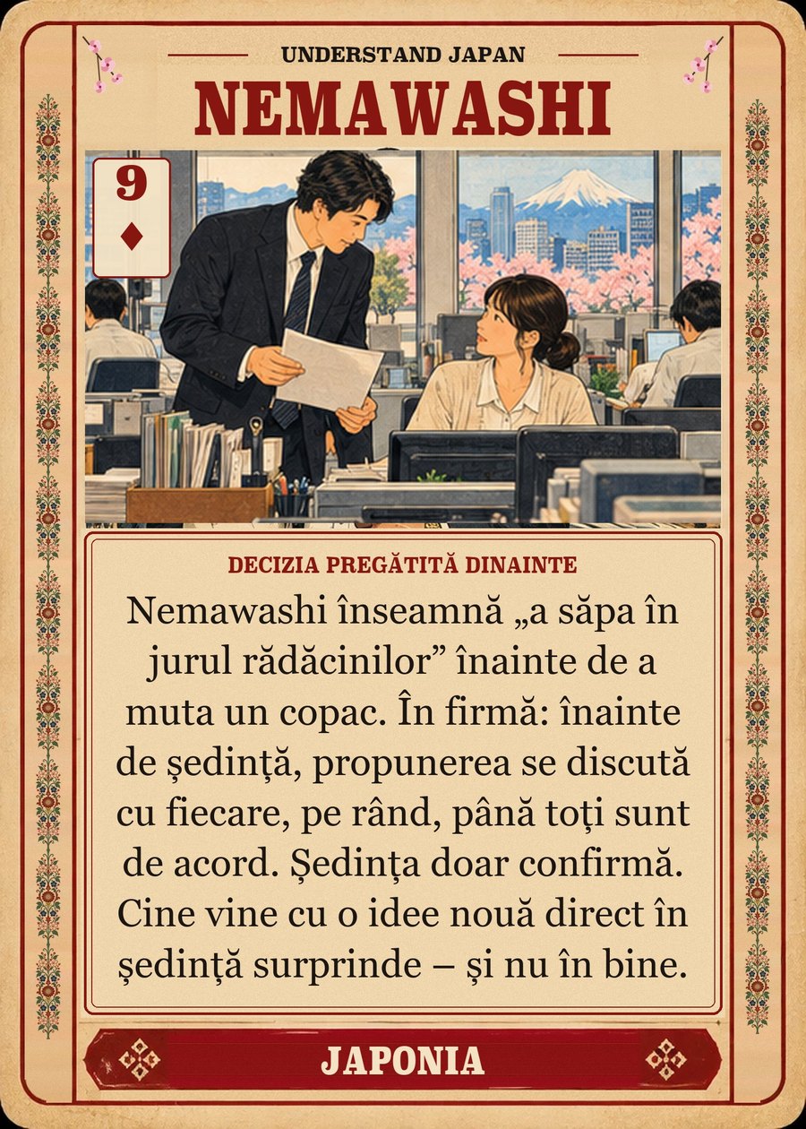 NEMAWASHI — decizia pregătită dinainte. Nemawashi înseamnă „a săpa în jurul rădăcinilor” înainte de a muta un copac. În firmă: înainte de ședință, propunerea se discută cu fiecare, pe rând, până toți sunt de acord. Ședința doar confirmă. Cine vine cu o idee nouă direct în ședință surprinde – și nu în bine.