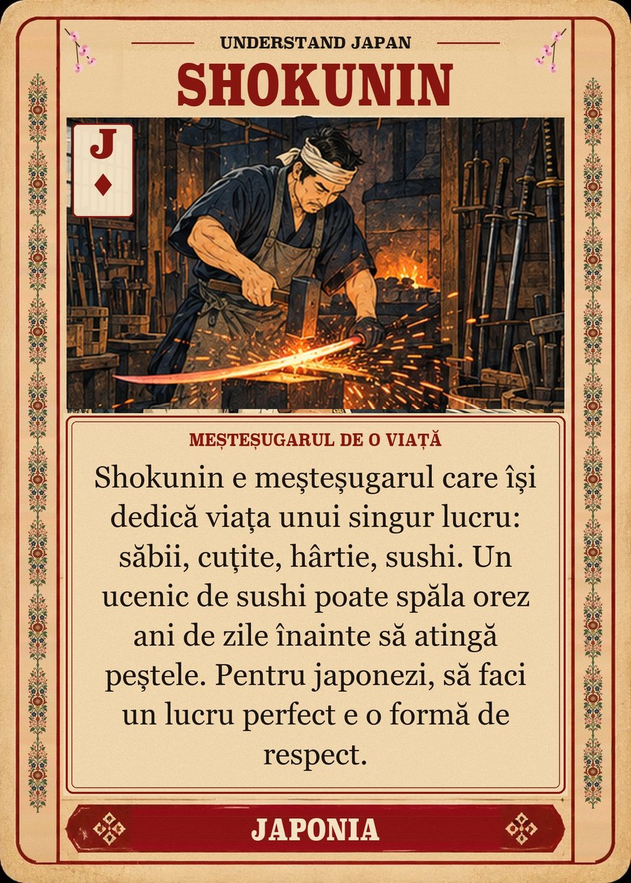 SHOKUNIN — meșteșugarul de o viață. Shokunin e meșteșugarul care își dedică viața unui singur lucru: săbii, cuțite, hârtie, sushi. Un ucenic de sushi poate spăla orez ani de zile înainte să atingă peștele. Pentru japonezi, să faci un lucru perfect e o formă de respect.