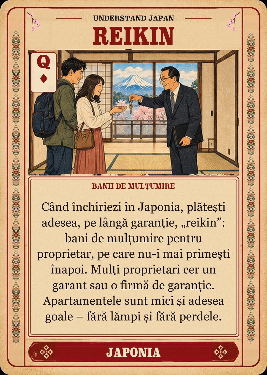 REIKIN — banii de mulțumire. Când închiriezi în Japonia, plătești adesea, pe lângă garanție, „reikin”: bani de mulțumire pentru proprietar, pe care nu-i mai primești înapoi. Mulți proprietari cer un garant sau o firmă de garanție. Apartamentele sunt mici și adesea goale – fără lămpi și fără perdele.