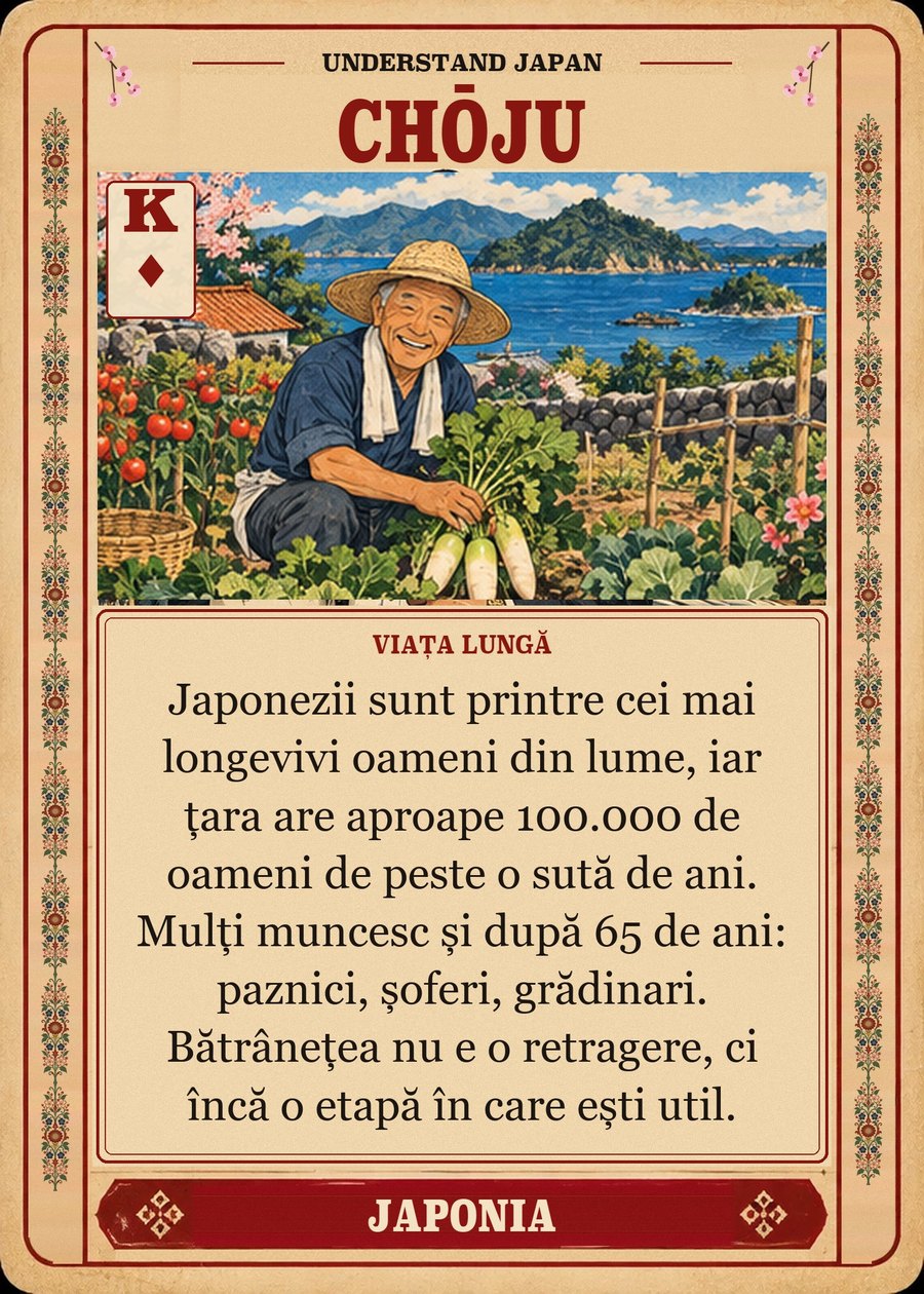 CHŌJU — viața lungă. Japonezii sunt printre cei mai longevivi oameni din lume, iar țara are aproape 100.000 de oameni de peste o sută de ani. Mulți muncesc și după 65 de ani: paznici, șoferi, grădinari. Bătrânețea nu e o retragere, ci încă o etapă în care ești util.