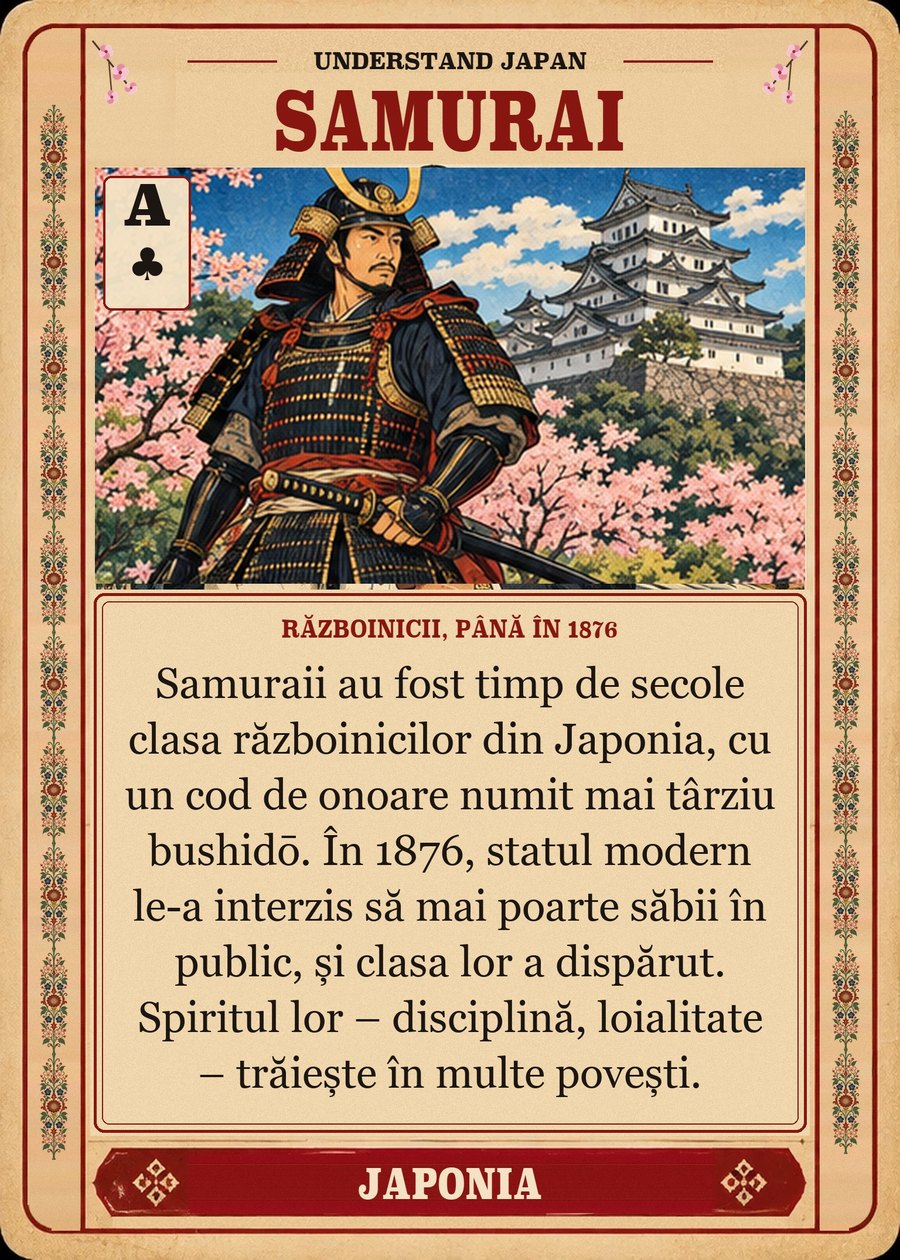 SAMURAI — războinicii, până în 1876. Samuraii au fost timp de secole clasa războinicilor din Japonia, cu un cod de onoare numit mai târziu bushidō. În 1876, statul modern le-a interzis să mai poarte săbii în public, și clasa lor a dispărut. Spiritul lor – disciplină, loialitate – trăiește în multe povești.