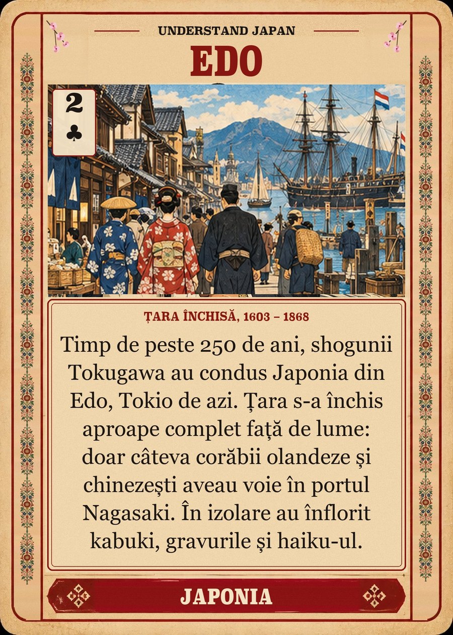 EDO — țara închisă, 1603 – 1868. Timp de peste 250 de ani, shogunii Tokugawa au condus Japonia din Edo, Tokio de azi. Țara s-a închis aproape complet față de lume: doar câteva corăbii olandeze și chinezești aveau voie în portul Nagasaki. În izolare au înflorit kabuki, gravurile și haiku-ul.
