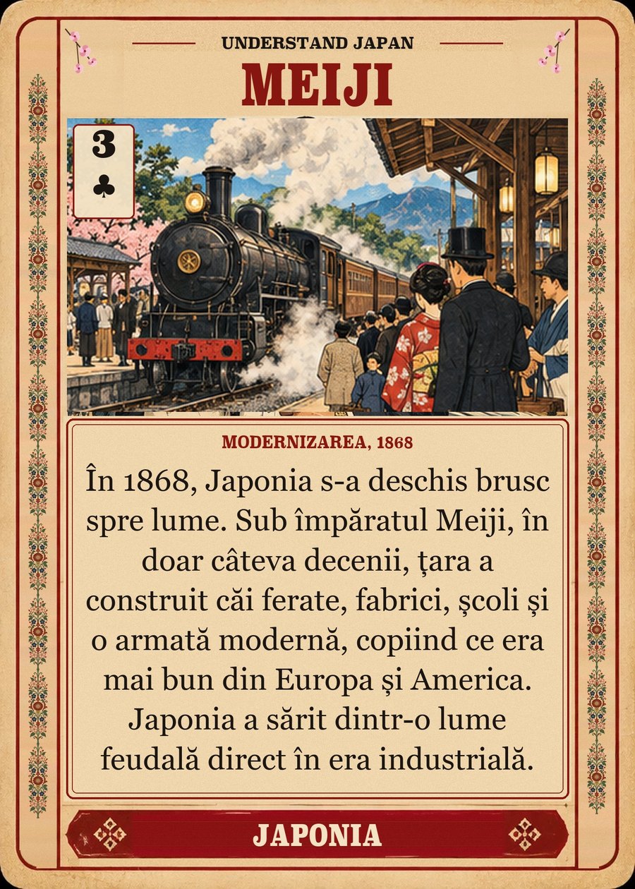 MEIJI — modernizarea, 1868. În 1868, Japonia s-a deschis brusc spre lume. Sub împăratul Meiji, în doar câteva decenii, țara a construit căi ferate, fabrici, școli și o armată modernă, copiind ce era mai bun din Europa și America. Japonia a sărit dintr-o lume feudală direct în era industrială.