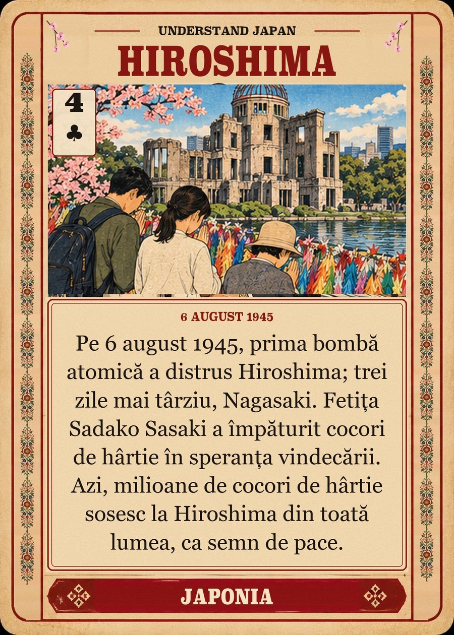 HIROSHIMA — 6 august 1945. Pe 6 august 1945, prima bombă atomică a distrus Hiroshima; trei zile mai târziu, Nagasaki. Fetița Sadako Sasaki a împăturit cocori de hârtie în speranța vindecării. Azi, milioane de cocori de hârtie sosesc la Hiroshima din toată lumea, ca semn de pace.