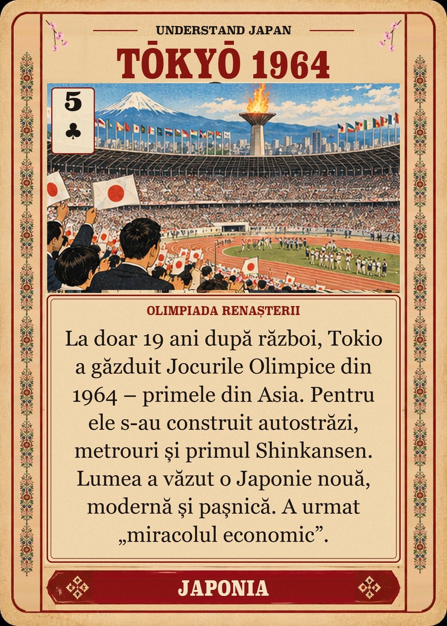 TŌKYŌ 1964 — Olimpiada renașterii. La doar 19 ani după război, Tokio a găzduit Jocurile Olimpice din 1964 – primele din Asia. Pentru ele s-au construit autostrăzi, metrouri și primul Shinkansen. Lumea a văzut o Japonie nouă, modernă și pașnică. A urmat „miracolul economic”.