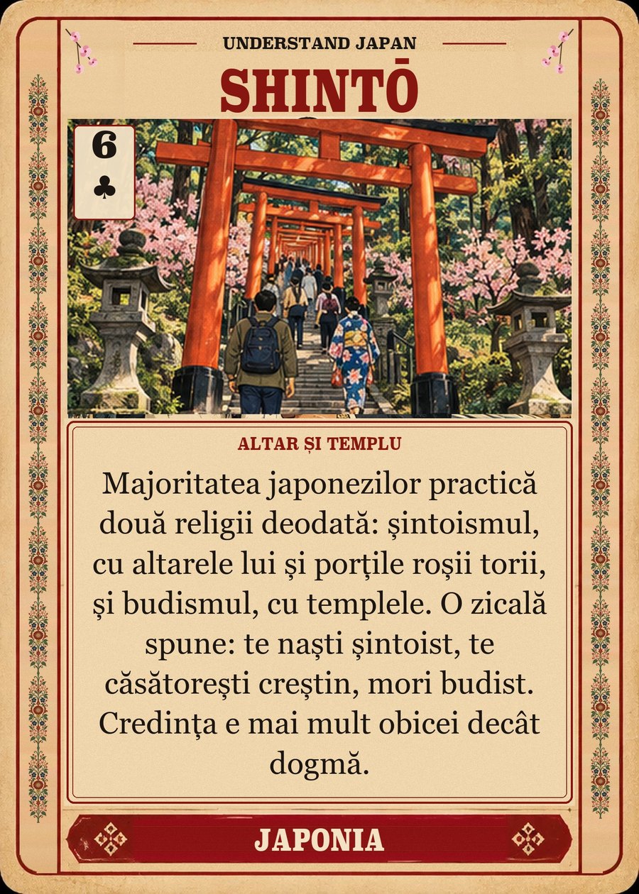 SHINTŌ — altar și templu. Majoritatea japonezilor practică două religii deodată: șintoismul, cu altarele lui și porțile roșii torii, și budismul, cu templele. O zicală spune: te naști șintoist, te căsătorești creștin, mori budist. Credința e mai mult obicei decât dogmă.