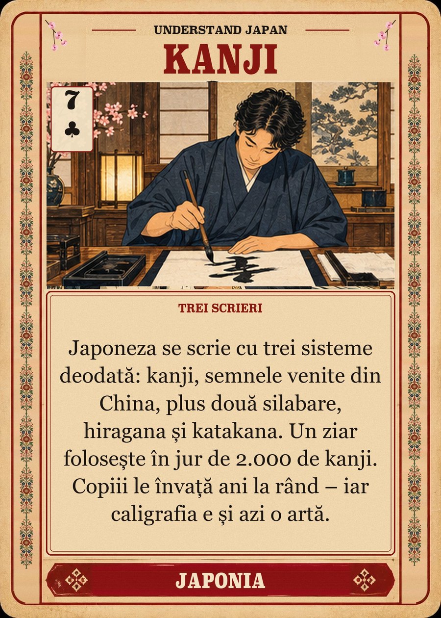 KANJI — trei scrieri. Japoneza se scrie cu trei sisteme deodată: kanji, semnele venite din China, plus două silabare, hiragana și katakana. Un ziar folosește în jur de 2.000 de kanji. Copiii le învață ani la rând – iar caligrafia e și azi o artă.