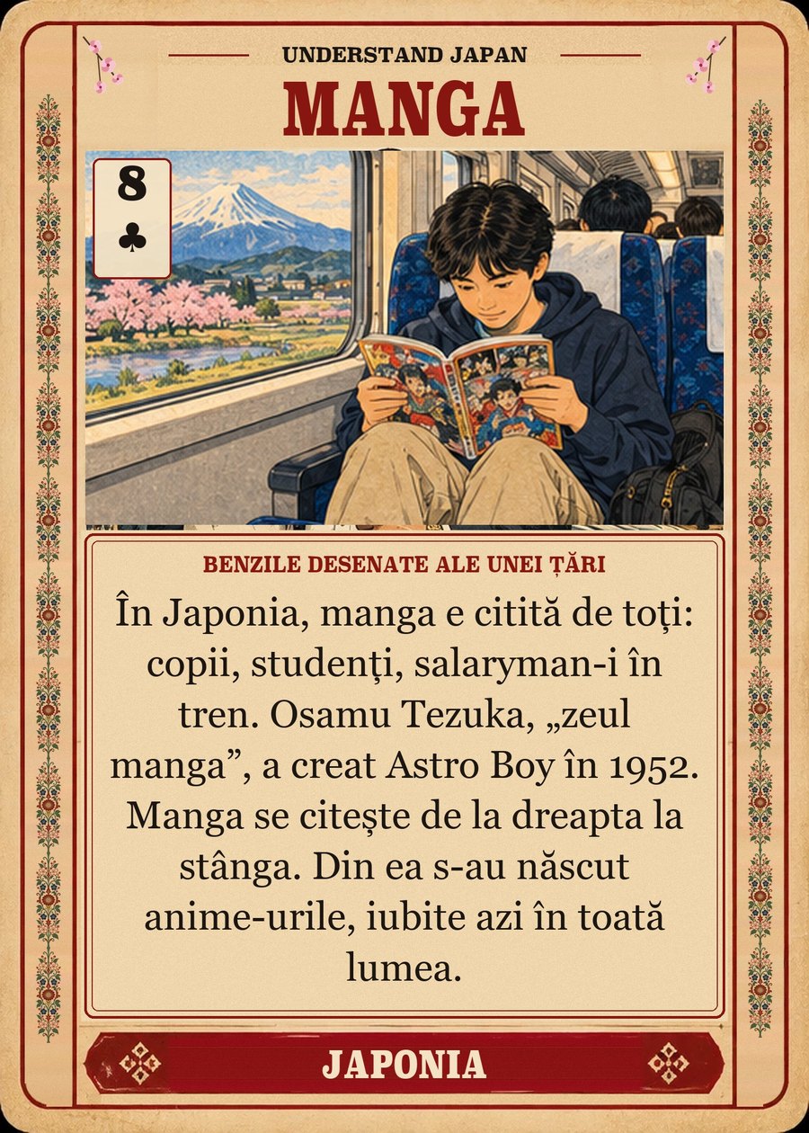MANGA — benzile desenate ale unei țări. În Japonia, manga e citită de toți: copii, studenți, salaryman-i în tren. Osamu Tezuka, „zeul manga”, a creat Astro Boy în 1952. Manga se citește de la dreapta la stânga. Din ea s-au născut anime-urile, iubite azi în toată lumea.