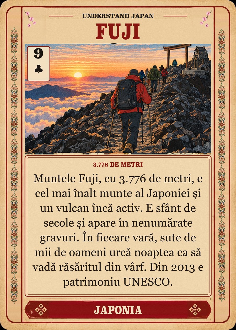 FUJI — 3.776 de metri. Muntele Fuji, cu 3.776 de metri, e cel mai înalt munte al Japoniei și un vulcan încă activ. E sfânt de secole și apare în nenumărate gravuri. În fiecare vară, sute de mii de oameni urcă noaptea ca să vadă răsăritul din vârf. Din 2013 e patrimoniu UNESCO.
