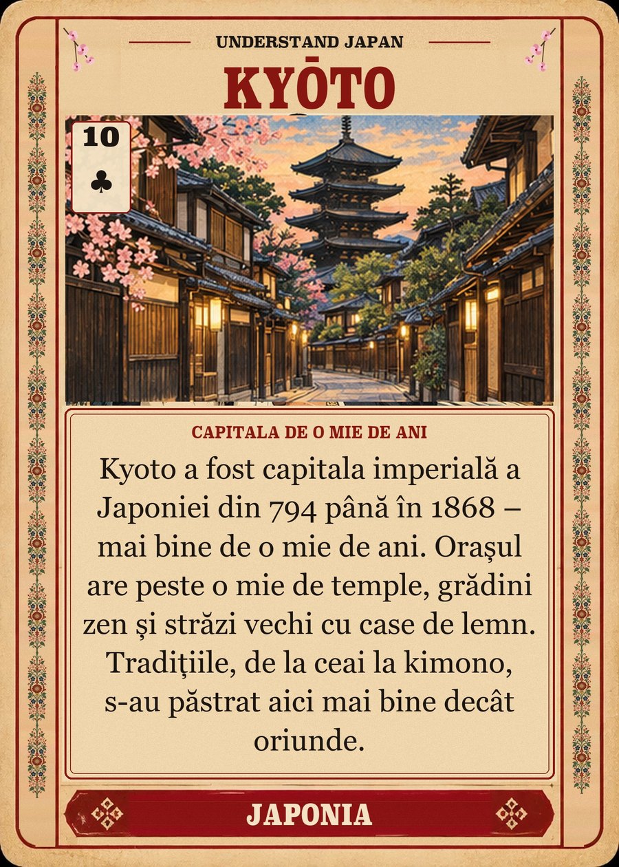 KYŌTO — capitala de o mie de ani. Kyoto a fost capitala imperială a Japoniei din 794 până în 1868 – mai bine de o mie de ani. Orașul are peste o mie de temple, grădini zen și străzi vechi cu case de lemn. Tradițiile, de la ceai la kimono, s-au păstrat aici mai bine decât oriunde.