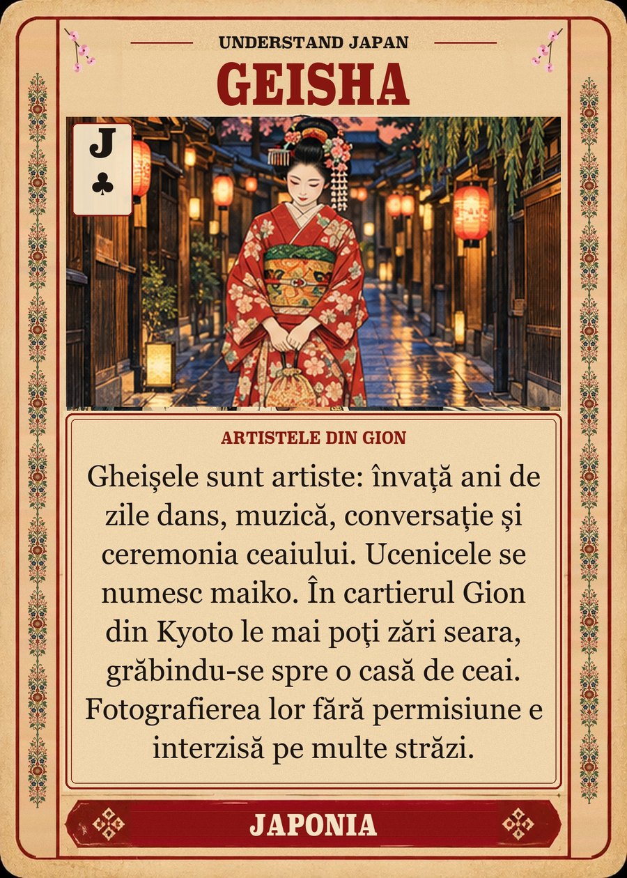GEISHA — artistele din Gion. Gheișele sunt artiste: învață ani de zile dans, muzică, conversație și ceremonia ceaiului. Ucenicele se numesc maiko. În cartierul Gion din Kyoto le mai poți zări seara, grăbindu-se spre o casă de ceai. Fotografierea lor fără permisiune e interzisă pe multe străzi.