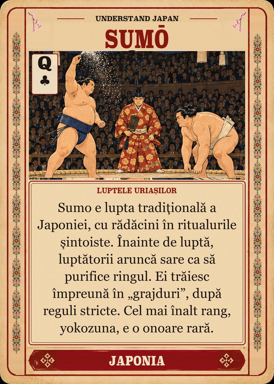 SUMŌ — luptele uriașilor. Sumo e lupta tradițională a Japoniei, cu rădăcini în ritualurile șintoiste. Înainte de luptă, luptătorii aruncă sare ca să purifice ringul. Ei trăiesc împreună în „grajduri”, după reguli stricte. Cel mai înalt rang, yokozuna, e o onoare rară.