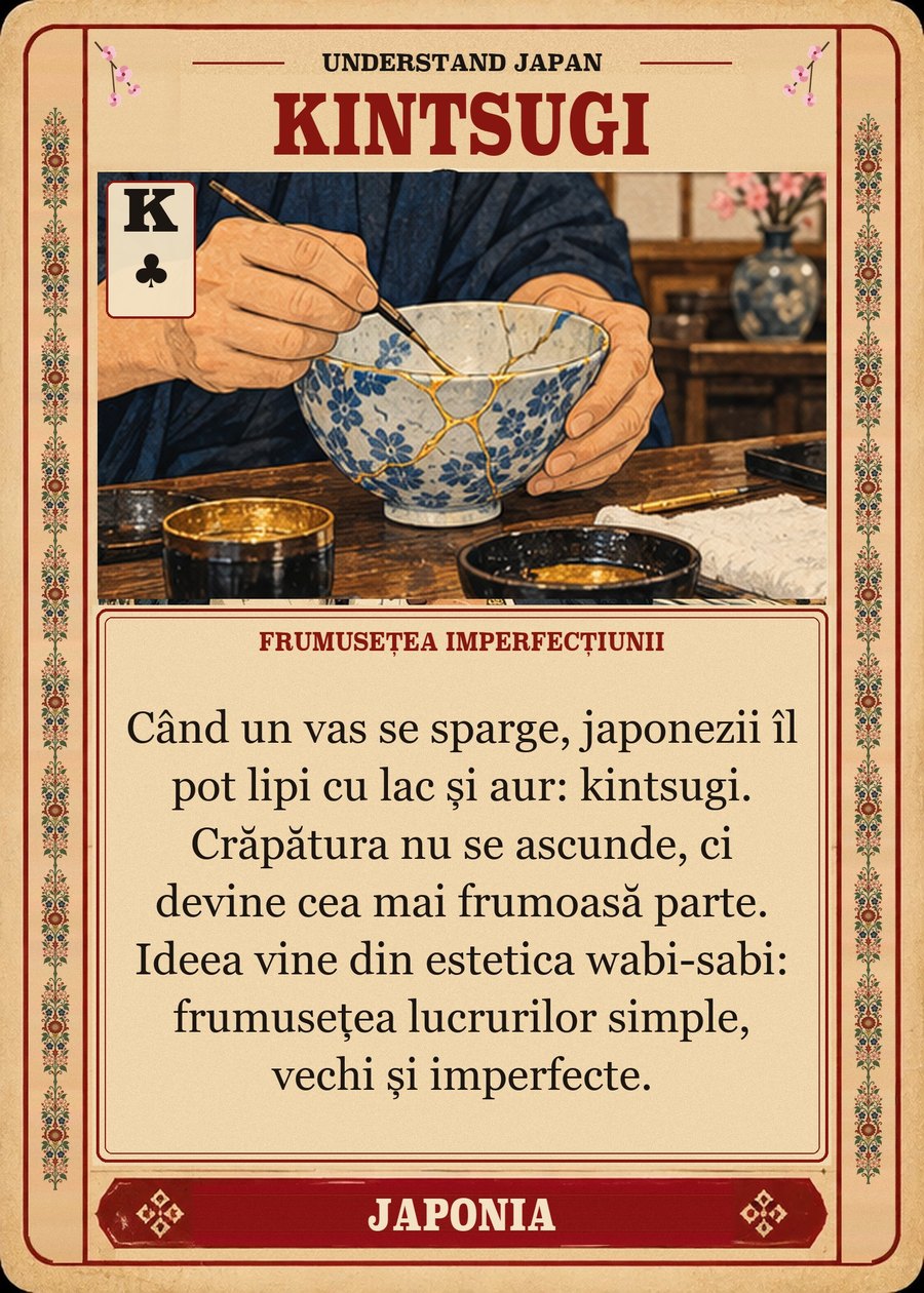 KINTSUGI — frumusețea imperfecțiunii. Când un vas se sparge, japonezii îl pot lipi cu lac și aur: kintsugi. Crăpătura nu se ascunde, ci devine cea mai frumoasă parte. Ideea vine din estetica wabi-sabi: frumusețea lucrurilor simple, vechi și imperfecte.