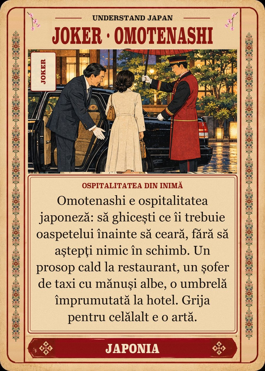JOKER · OMOTENASHI — ospitalitatea din inimă. Omotenashi e ospitalitatea japoneză: să ghicești ce îi trebuie oaspetelui înainte să ceară, fără să aștepți nimic în schimb. Un prosop cald la restaurant, un șofer de taxi cu mănuși albe, o umbrelă împrumutată la hotel. Grija pentru celălalt e o artă.
