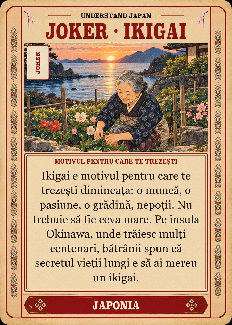 JOKER · IKIGAI — motivul pentru care te trezești. Ikigai e motivul pentru care te trezești dimineața: o muncă, o pasiune, o grădină, nepoții. Nu trebuie să fie ceva mare. Pe insula Okinawa, unde trăiesc mulți centenari, bătrânii spun că secretul vieții lungi e să ai mereu un ikigai.