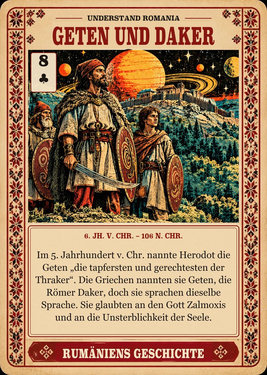 GETEN UND DAKER — 6. Jh. v. Chr. – 106 n. Chr.. Im 5. Jahrhundert v. Chr. nannte Herodot die Geten „die tapfersten und gerechtesten der Thraker“. Die Griechen nannten sie Geten, die Römer Daker, doch sie sprachen dieselbe Sprache. Sie glaubten an den Gott Zalmoxis und an die Unsterblichkeit der Seele.