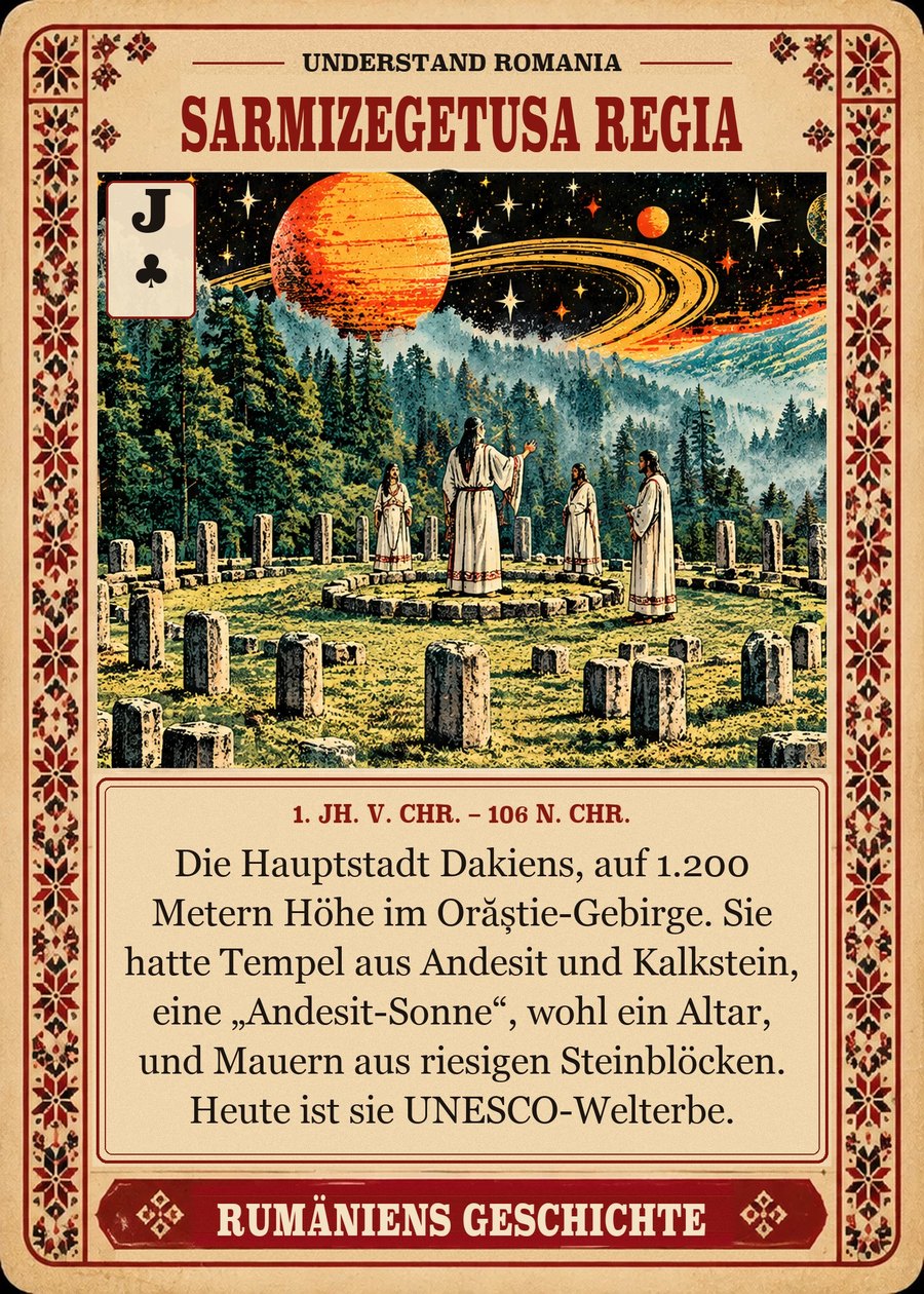 SARMIZEGETUSA REGIA — 1. Jh. v. Chr. – 106 n. Chr.. Die Hauptstadt Dakiens, auf 1.200 Metern Höhe im Orăștie-Gebirge. Sie hatte Tempel aus Andesit und Kalkstein, eine „Andesit-Sonne“, wohl ein Altar, und Mauern aus riesigen Steinblöcken. Heute ist sie UNESCO-Welterbe.