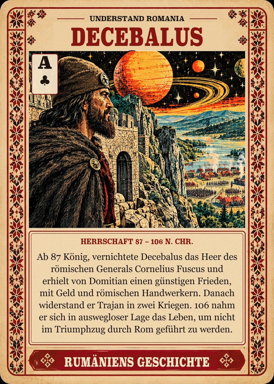 DECEBALUS — Herrschaft 87 – 106 n. Chr.. Ab 87 König, vernichtete Decebalus das Heer des römischen Generals Cornelius Fuscus und erhielt von Domitian einen günstigen Frieden, mit Geld und römischen Handwerkern. Danach widerstand er Trajan in zwei Kriegen. 106 nahm er sich in auswegloser Lage das Leben, um nicht im Triumphzug durch Rom geführt zu werden.