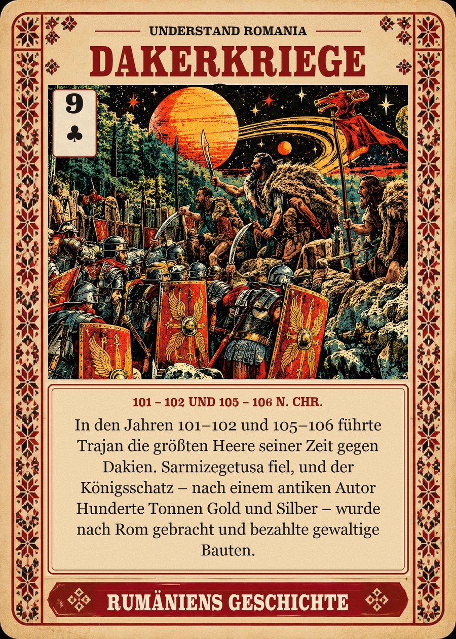DAKERKRIEGE — 101 – 102 und 105 – 106 n. Chr.. In den Jahren 101–102 und 105–106 führte Trajan die größten Heere seiner Zeit gegen Dakien. Sarmizegetusa fiel, und der Königsschatz – nach einem antiken Autor Hunderte Tonnen Gold und Silber – wurde nach Rom gebracht und bezahlte gewaltige Bauten.