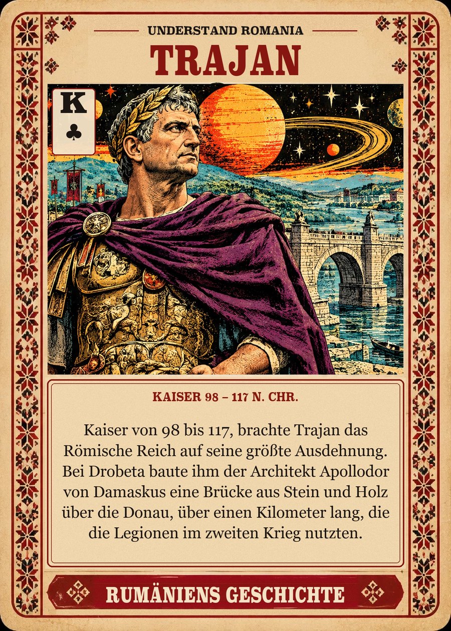 TRAJAN — Kaiser 98 – 117 n. Chr.. Kaiser von 98 bis 117, brachte Trajan das Römische Reich auf seine größte Ausdehnung. Bei Drobeta baute ihm der Architekt Apollodor von Damaskus eine Brücke aus Stein und Holz über die Donau, über einen Kilometer lang, die die Legionen im zweiten Krieg nutzten.