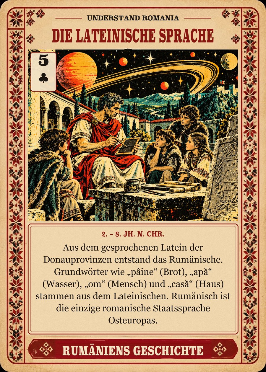 DIE LATEINISCHE SPRACHE — 2. – 8. Jh. n. Chr.. Aus dem gesprochenen Latein der Donauprovinzen entstand das Rumänische. Grundwörter wie „pâine“ (Brot), „apă“ (Wasser), „om“ (Mensch) und „casă“ (Haus) stammen aus dem Lateinischen. Rumänisch ist die einzige romanische Staatssprache Osteuropas.