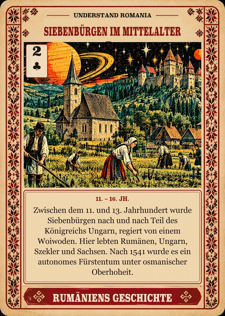 SIEBENBÜRGEN IM MITTELALTER — 11. – 16. Jh.. Zwischen dem 11. und 13. Jahrhundert wurde Siebenbürgen nach und nach Teil des Königreichs Ungarn, regiert von einem Woiwoden. Hier lebten Rumänen, Ungarn, Szekler und Sachsen. Nach 1541 wurde es ein autonomes Fürstentum unter osmanischer Oberhoheit.