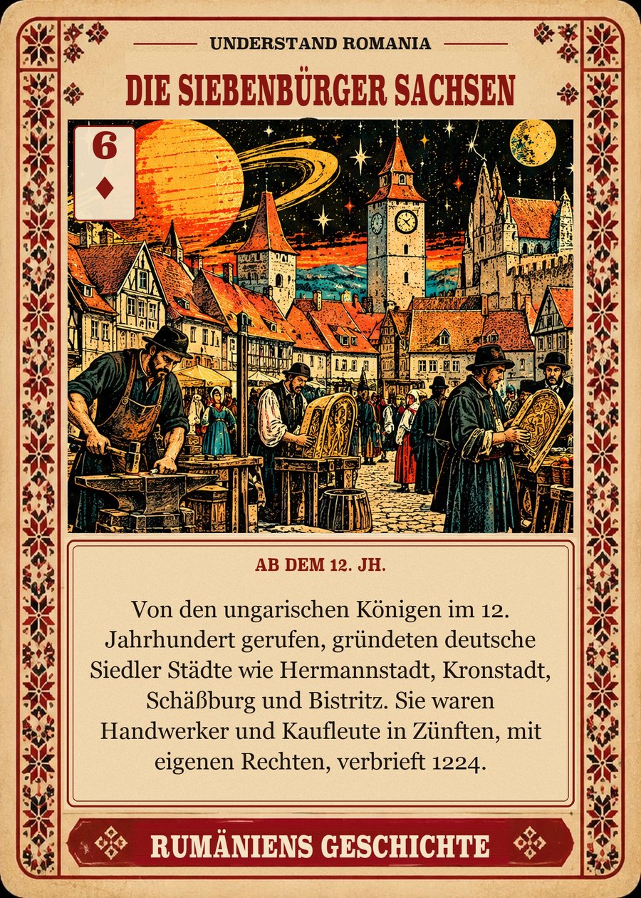 DIE SIEBENBÜRGER SACHSEN — ab dem 12. Jh.. Von den ungarischen Königen im 12. Jahrhundert gerufen, gründeten deutsche Siedler Städte wie Hermannstadt, Kronstadt, Schäßburg und Bistritz. Sie waren Handwerker und Kaufleute in Zünften, mit eigenen Rechten, verbrieft 1224.
