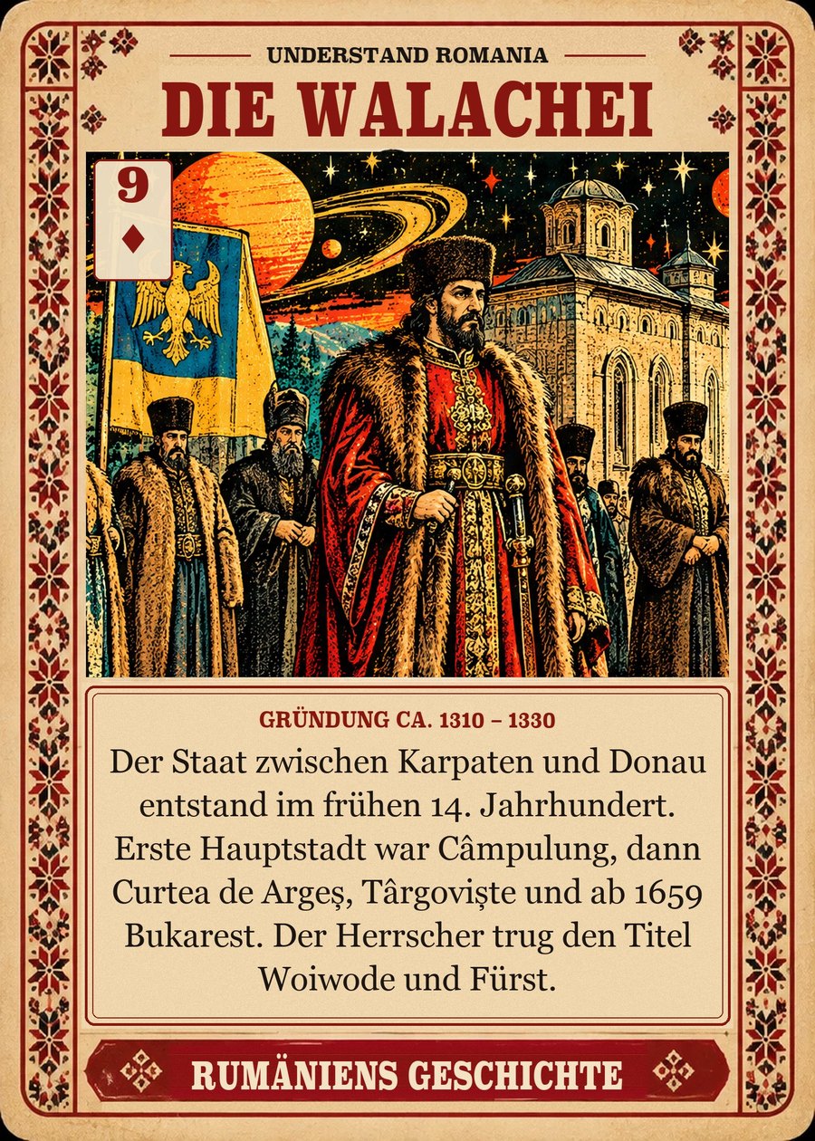 DIE WALACHEI — Gründung ca. 1310 – 1330. Der Staat zwischen Karpaten und Donau entstand im frühen 14. Jahrhundert. Erste Hauptstadt war Câmpulung, dann Curtea de Argeș, Târgoviște und ab 1659 Bukarest. Der Herrscher trug den Titel Woiwode und Fürst.