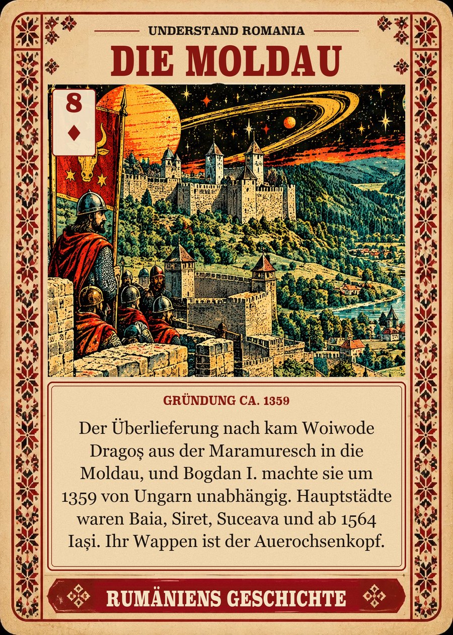 DIE MOLDAU — Gründung ca. 1359. Der Überlieferung nach kam Woiwode Dragoș aus der Maramuresch in die Moldau, und Bogdan I. machte sie um 1359 von Ungarn unabhängig. Hauptstädte waren Baia, Siret, Suceava und ab 1564 Iași. Ihr Wappen ist der Auerochsenkopf.