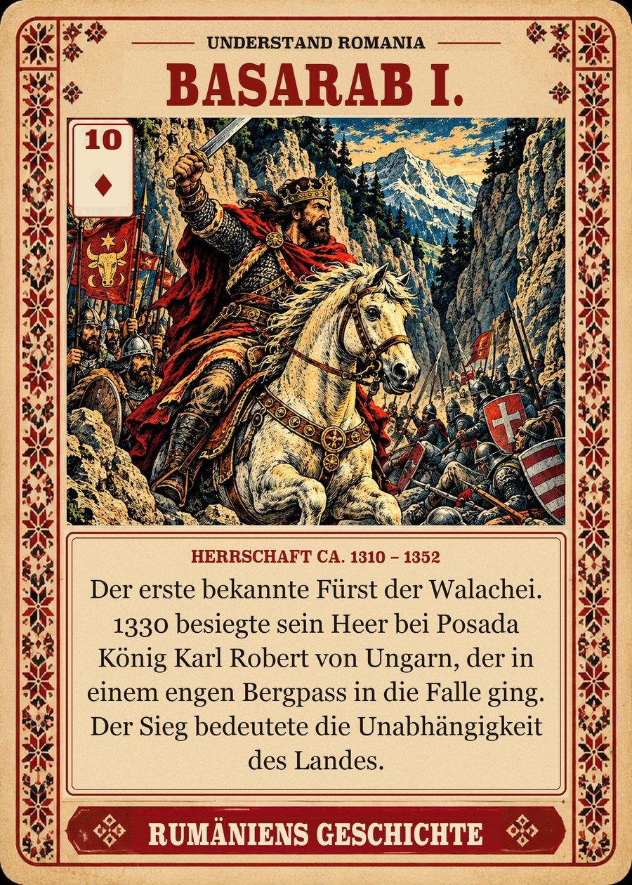BASARAB I. — Herrschaft ca. 1310 – 1352. Der erste bekannte Fürst der Walachei. 1330 besiegte sein Heer bei Posada König Karl Robert von Ungarn, der in einem engen Bergpass in die Falle ging. Der Sieg bedeutete die Unabhängigkeit des Landes.